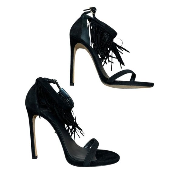 Stuart Weitzman Sz 7 Heels Love Fringe Strappy Sandals Black Suede Classic Party - Picture 6 of 9